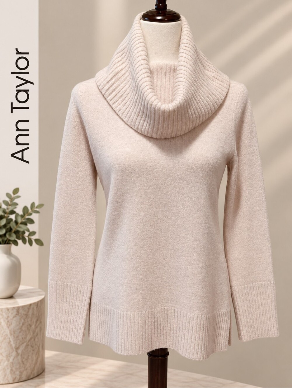 Ann Taylor Cowl Neck Tunic Sweater Blush Pink Ribbed Trim Size Small